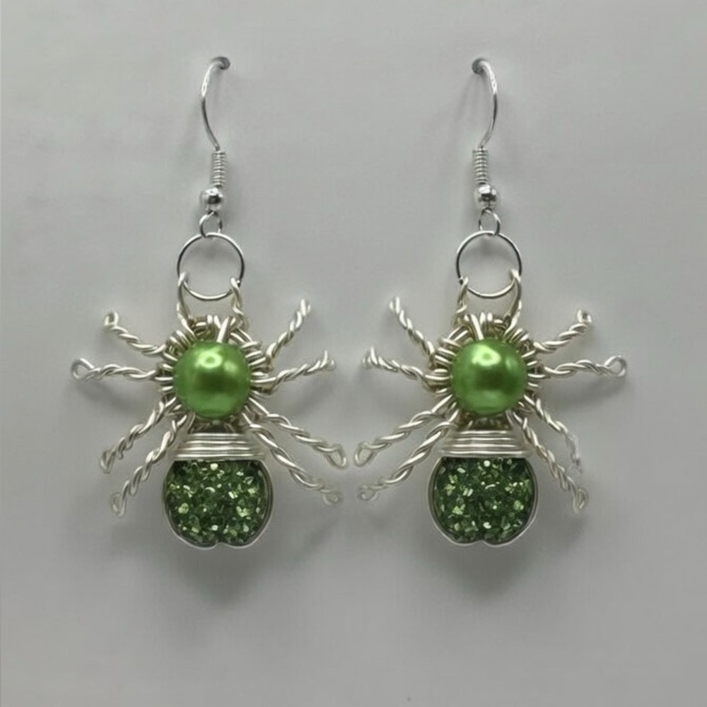 Handmade Green Spider Wire Beaded Drop Earrings